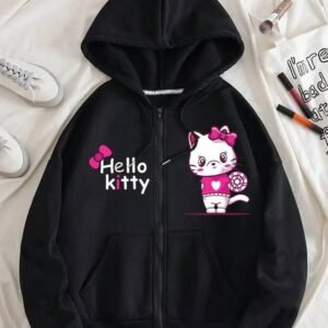 Cute Cat Printed "Give Me More Love" Zip-Up Hoodie for Girls