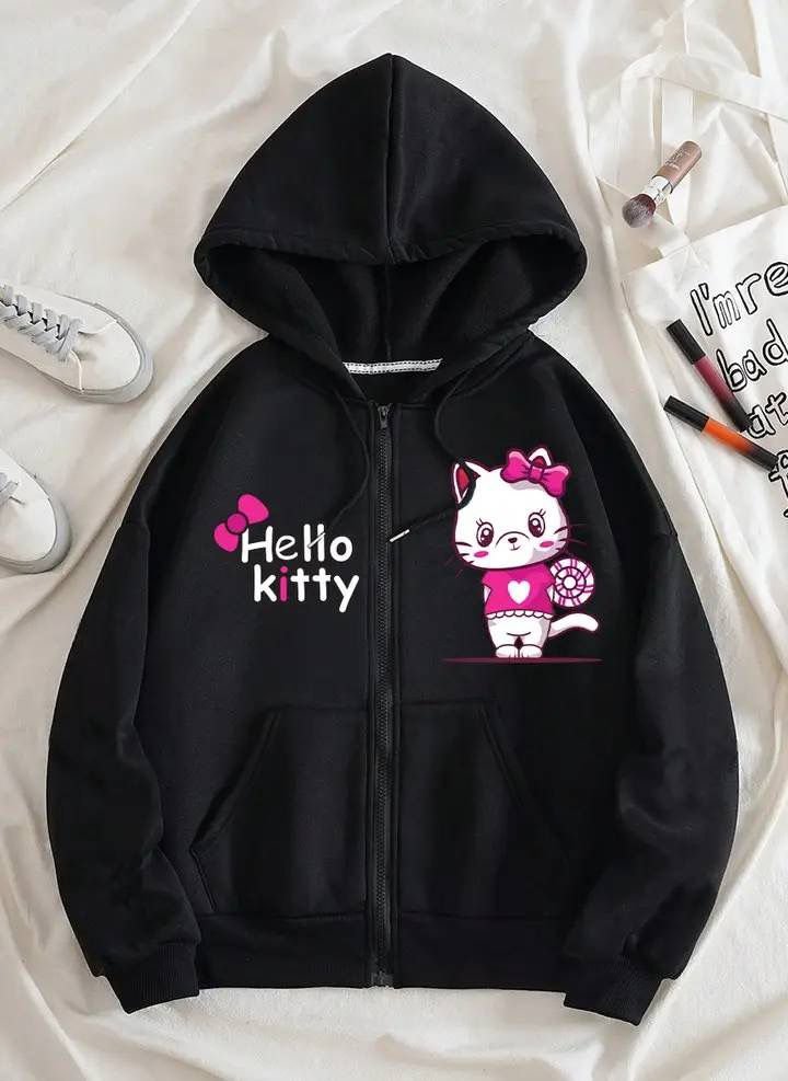 Cute Cat Printed "Give Me More Love" Zip-Up Hoodie for Girls