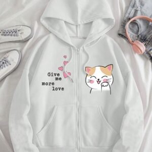 Cute Cat Printed "Give Me More Love" Zip-Up Hoodie for Girls