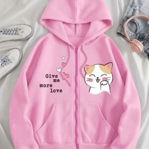 Cute Cat Printed "Give Me More Love" Zip-Up Hoodie for Girls
